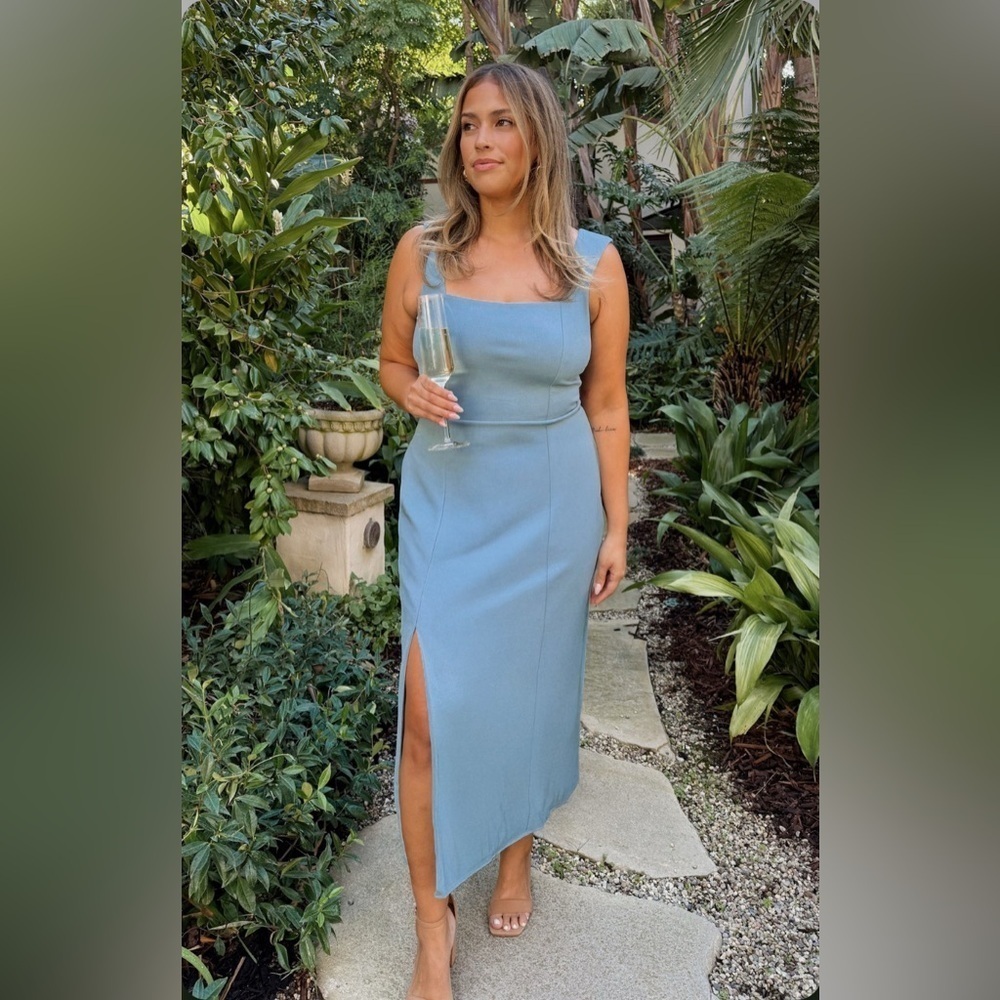 NWT SHOW ME YOUR MUMU Large Eden Stretch Midi French Blue Square Neck High Slit